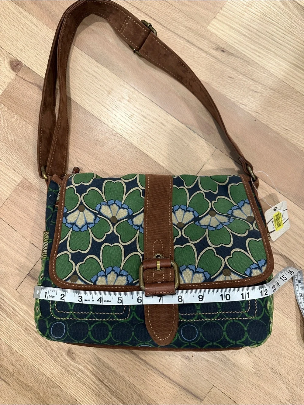 Fossil Green Floral Canvas Crossbody with Brown Trim
